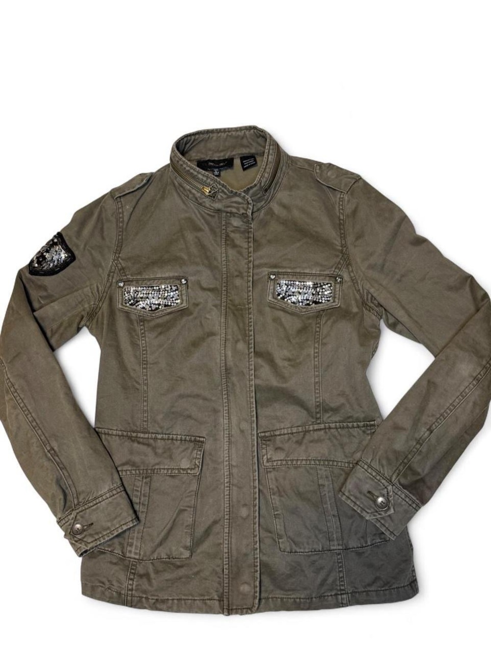 Miss Me olive green embellished military utility jacket, women’s Large.